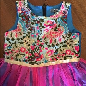 A.T.U.N. Embroidered Tulle Overlay Special Occasion Kids Belted Flower Dress
